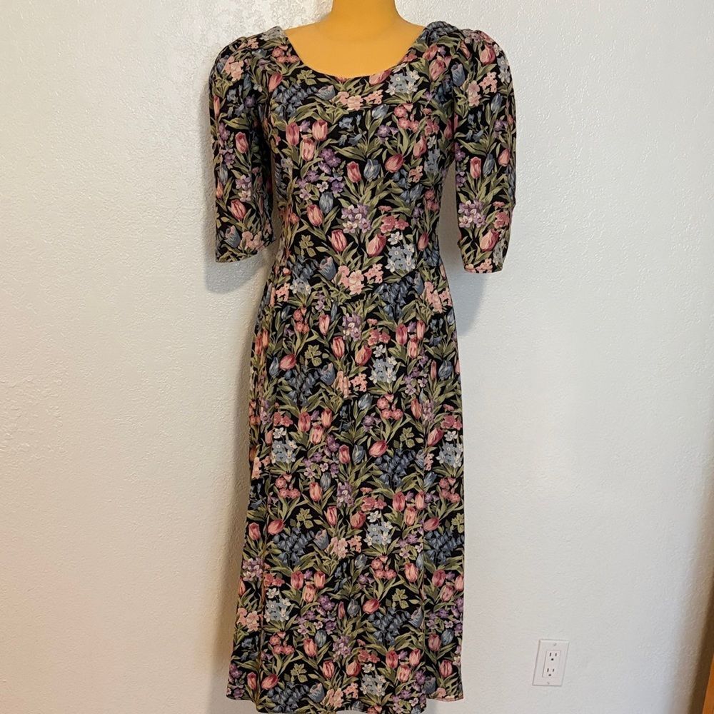 Vintage Prarie Princess Floral Midi Dress Puff Sleeves Basque Waist Cottagecore - Picture 2 of 7